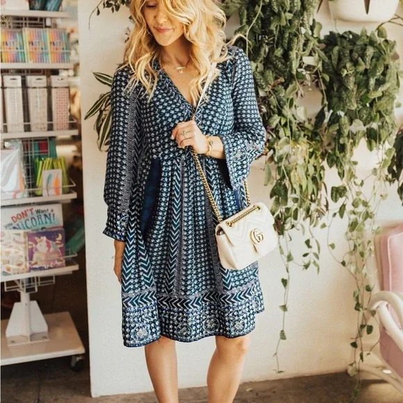 Anthropologie Elegant Blue Patterned Dress - Picture 3 of 5